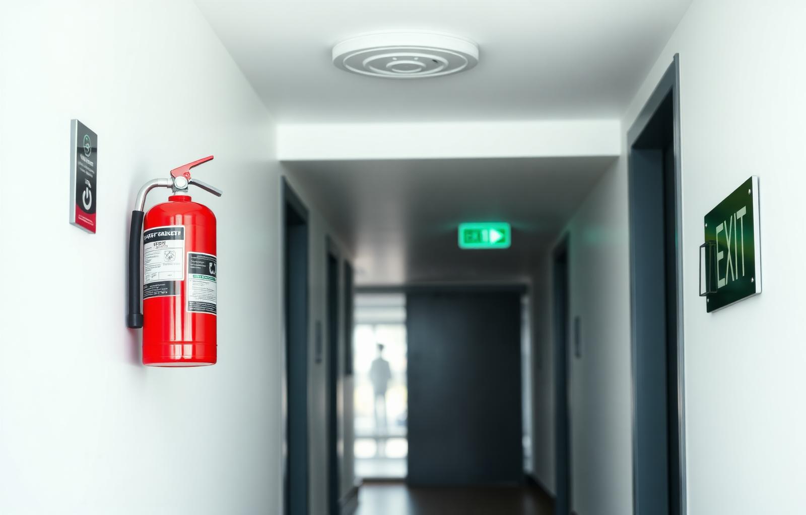 Brannslukker, røykvarsler og nødutgangsskilt i en moderne bygning